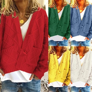 Women Loose V-Neck Cable Knit Cardigan Sweater Casual Diamond Pattern Knitwear With Pockets Long Sleeve Button Up Top