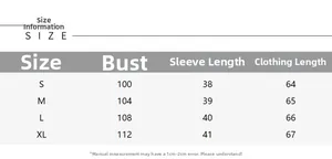 Detailed size chart with bust and length measurements for women's knitted hoodies