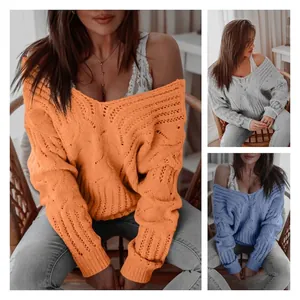 Damen Locker V-Ausschnitt Zopfmuster Pullover Ajouré Schulferfrei Langarm Strickpullover Weich Lässig Strickoberteil Mode Jumper