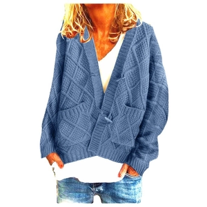 Women's blue cable-knit button cardigan with a relaxed fit and diamond pattern texture