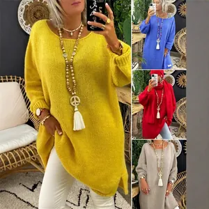 Women Casual Loose Knit Pullover Mid Length Solid Color Crew Neck Oversized Sweater Warm Long Sleeve Streetwear Tops