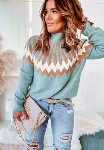 Detailed view of Nordic jacquard pattern on high-neck knit light blue sweater for women