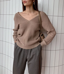 Detail of loose-fit ribbed V-neck sweater in brown with drop shoulder knit texture