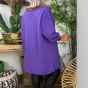 Oversized purple knit sweater with drop shoulder and side slit back view