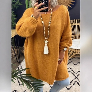 Oversized mustard yellow chunky knit sweater with drop shoulder and long tassel necklace