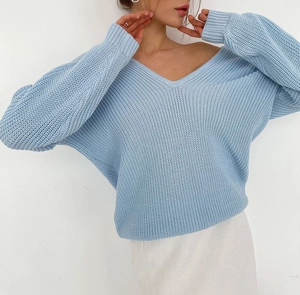 Close-up of the light blue chunky knit texture and ribbed cuffs of this V-neck sweater