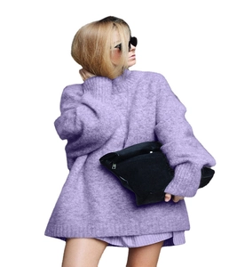 Pull en maille épaisse lilas surdimensionné avec manches lanterne et col montant