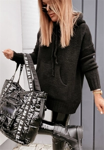 Street style look with a black hooded knit sweater and quilted tote bag with letter strap
