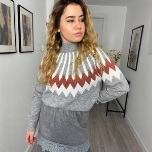 Women Retro Geometric Knit Sweater Fair Isle Jacquard Mock Neck Long Sleeve Casual Loose Pullover Warm Winter Knitwear Top