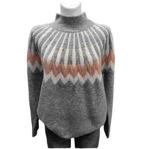 Loose-fit grey knit sweater for women with half-turtleneck and orange zigzag patterns