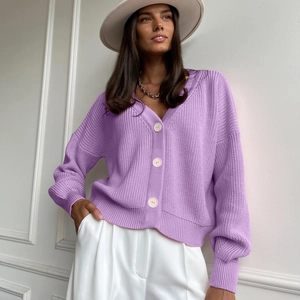 Women's V-Neck Knitted Cardigan Single Breasted Solid Color Acrylic Wool Blend Long Sleeve Slim Fit Commuter Sweater Top