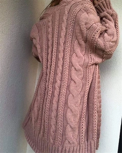 Loose pink chunky cable knit long cardigan for women featuring a cozy oversized fit