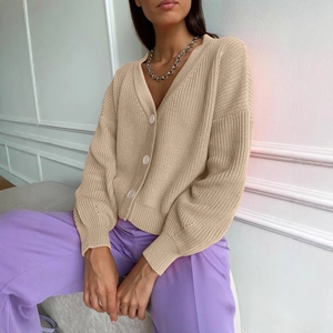 Elegant apricot V-neck knit cardigan with single-breasted buttons and dropped shoulders