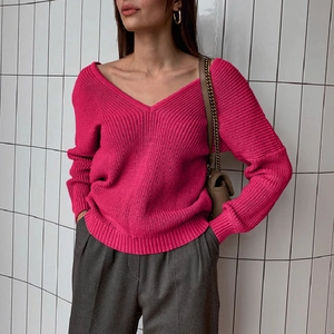 Women's V-neck candy pink loose rib-knit sweater in casual long sleeve style