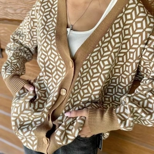 Women's V-neck cardigan featuring tan and beige geometric diamond knit patterns