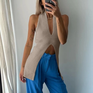 Gilet da Donna Sexy con Scollo a V Allacciato al Collo in Maglia con Spacco Laterale Top Senza Maniche a Coste Schiena Scoperta