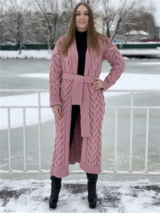 Detailed cable knit pattern on rose pink long cardigan with matching knit belt