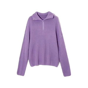 Women lavender purple high neck quarter-zip loose knit sweater with ribbed texture