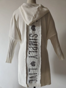 Macro detail of chunky cream knit cardigan with SIMPLY LIVE jacquard on the back