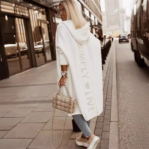 Women Hooded Knitted Cardigan Sweater Mid Length Loose Fit Sheep Wool Blend Letter Heart Print Open Front Autumn Coat