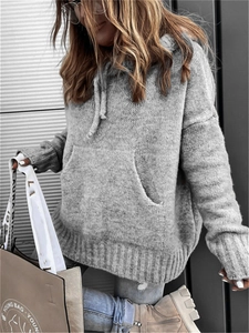 Women's casual grey knit hoodie with kangaroo pocket and trendy dropped shoulders design