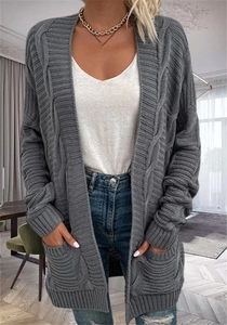 Detailed cable knit pattern on dark grey mid-length cardigan with functional pockets