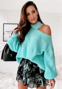 Chic off-shoulder chunky knit sweater in mint green with a halter neck and loose fit