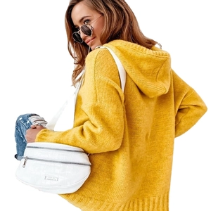 Mustard yellow oversized knit hoodie with kangaroo pocket and casual mid-length fit