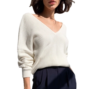 Relaxed fit white V-neck ribbed knit sweater for women with elegant loose silhouette style