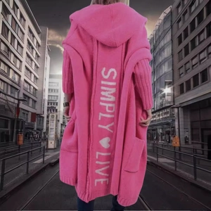 Pink oversized long hooded cardigan featuring SIMPLY LIVE heart knit pattern on back