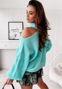 Detail of light blue off-shoulder knit sweater with ribbed turtleneck and puff sleeves