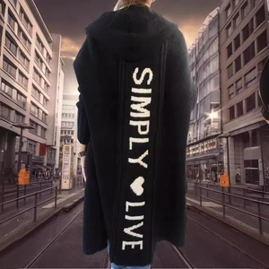 Long black hooded knit cardigan for women with Simply Live heart print on the back