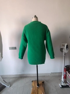 Detailed close-up of vibrant green knitted sweater collar and ribbed neckline texture