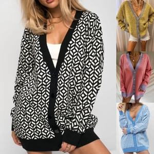 Women's Geometric Colorblock Knit Cardigan V-Neck Long Sleeve Loose Patchwork Button Front Casual Streetwear Sweater