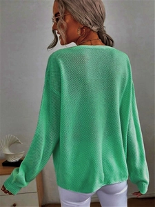 Damen Strickpullover in Hellgrün mit V-Ausschnitt, Wabenmuster und langen Ärmeln