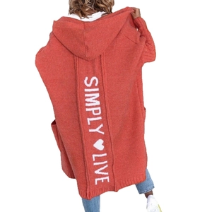 Long coral knit hooded cardigan featuring SIMPLY LIVE woven back design and pockets