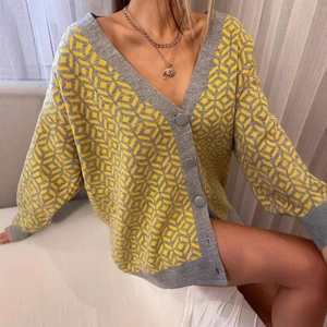 Women's V-neck cardigan with yellow and grey geometric diamond knit pattern and buttons