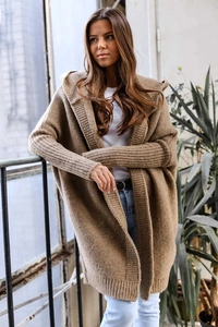 Detailed texture of brown hooded longline knit cardigan with coarse ribbed weave pattern