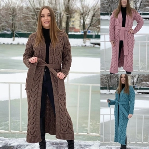 Women Long Cable Knit Cardigan Jacket With Waist Belt Autumn Winter Thick Loose Casual Warm Knitwear Open Front Top
