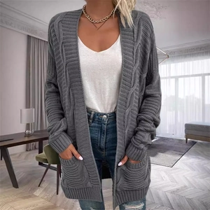 Women Casual Cable Knit Cardigan Sweater Mid-Length Loose Fit Open Front Knitwear Coat Outwear With Pockets