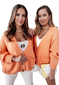 Bright orange knit cardigan with V-neck, oversized fit, and side pockets for casual wear