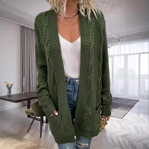 Women's dark green long cable knit cardigan with large pockets and long sleeves