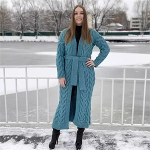 Long thick cable knit cardigan sweater in teal blue with waist belt for winter women