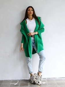 Front full view of textured green knit longline cardigan with ribbed cuffs and open front