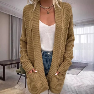 Women's cable-knit long cardigan in coffee brown with pockets for a casual autumn look