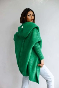 Close-up of thick emerald green hooded knit cardigan with plush textured fuzzy fabric