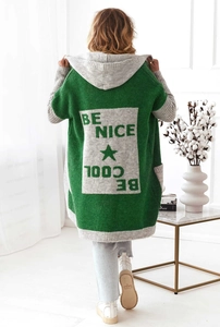 Back view of a green hooded knit cardigan with BE COOL intarsia and grey accents