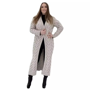 Long cable knit cardigan in cream white with belt and chunky knit texture for women
