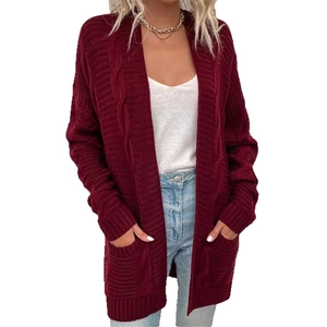 Women's burgundy cable knit long cardigan sweater with long sleeves and front pockets