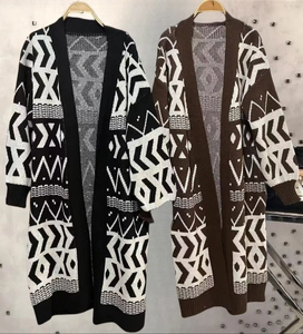 Detail of knit cardigans featuring ethnic geometric patterns and ribbed cuffs